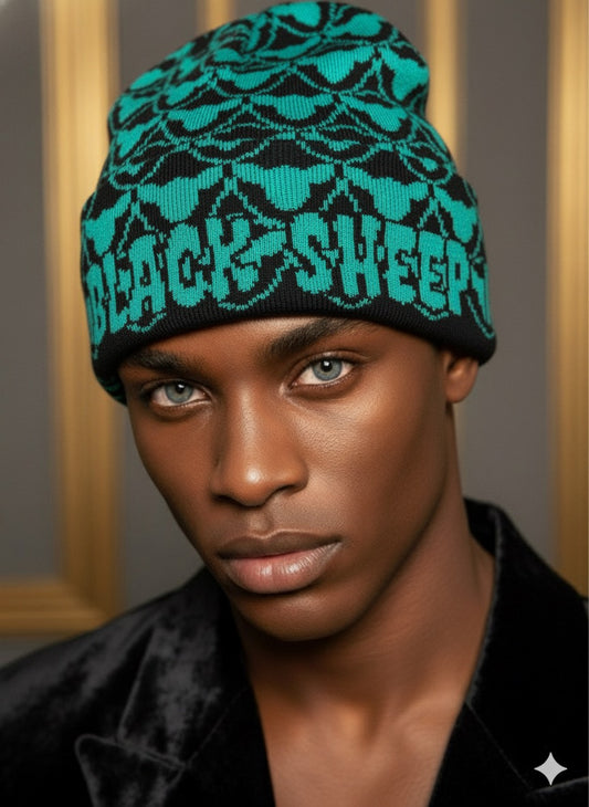 Black and Turquoise Black Sheep Pattern Beanie