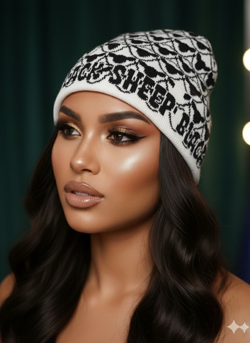 White and Black (Black Sheep Pattern) Beanie