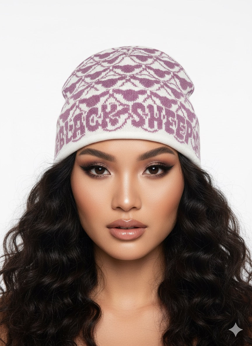 Lavender and White Black Sheep Pattern Beanie
