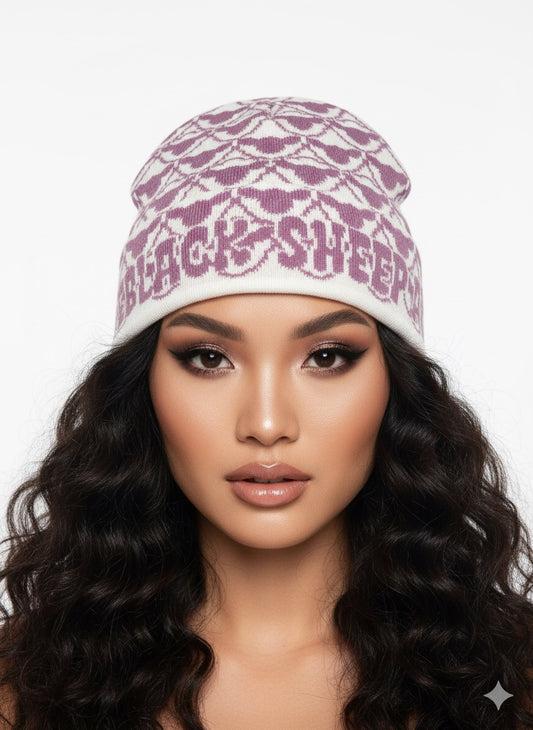 Lavender and White Black Sheep Pattern Beanie