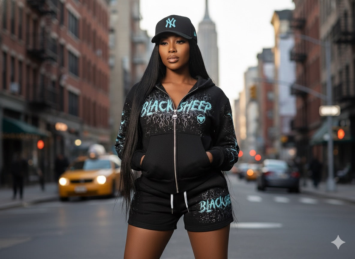 Black Sheep Hoodie and Short (Black and Turquoise)